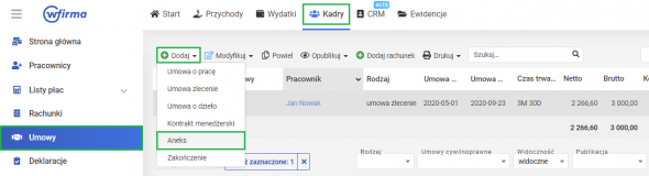 Jak dodać w systemie wFirma.pl aneks i zakończenie umowy zlecenie? - dodawanie aneksu