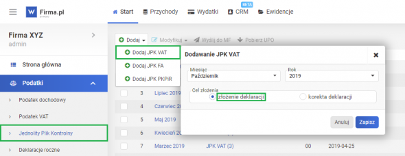 Wysyłka JPK VAT - generowanie