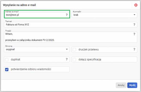 Wysyłanie wystawionej faktury - podanie adresu e-mail