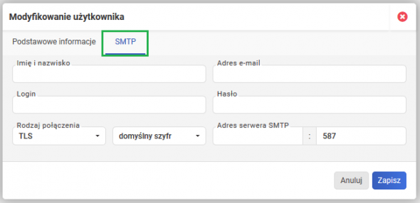 Integracja SMTP - Zakładka SMTP