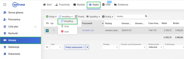Modyfikowanie wprowadzonej umowy w systemie wFirma.pl - funkcja modyfikuj