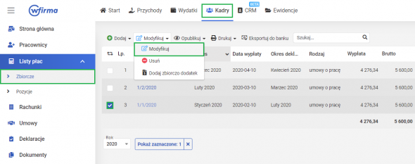 Modyfikowanie wprowadzonej umowy w systemie wFirma.pl - funkcja modyfikuj listy płac