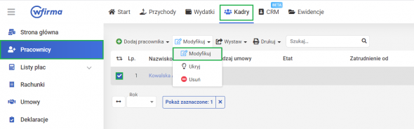 Dodawanie nowego pracownika w systemie wFirma.pl - modyfikacja dodawanego pracownika