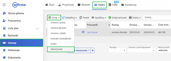 Jak dodać w systemie wFirma.pl aneks i zakończenie umowy zlecenie? - wprowadzanie zakończenia