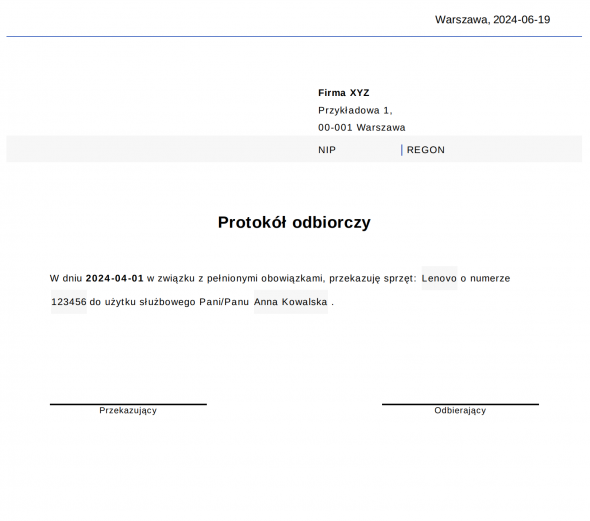 Kartoteka sprzętu pracownika - protokoły zdawczo-odbiorcze