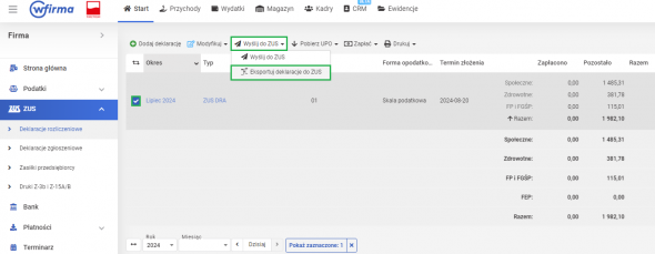 import deklaracji - eksport do ZUS