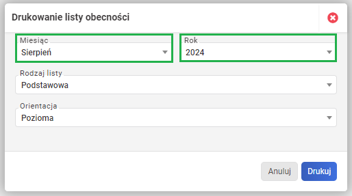 drukowanie listy obecności - Okres