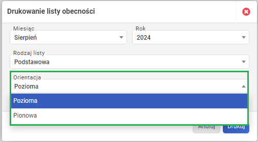 drukowanie listy obecności - Orientacja