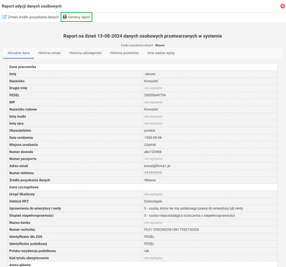 karta danych osobowych pracownika - raport