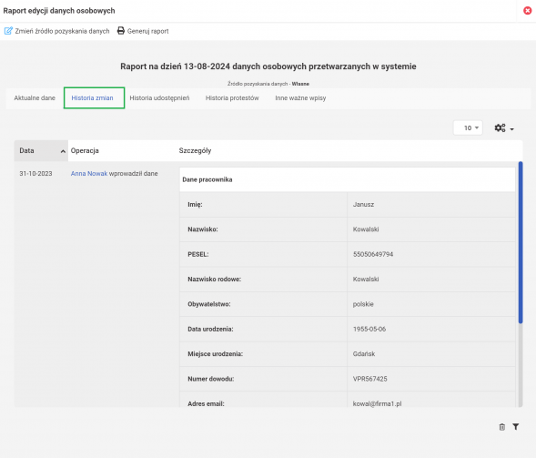 karta danych osobowych pracownika - historia