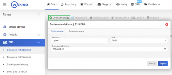 Deklaracje rozliczeniowe ZUS - Dodawanie DRA