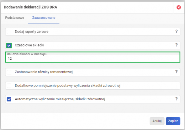 Deklaracje rozliczeniowe ZUS - Częściowe składki