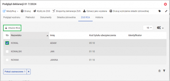 Deklaracje rozliczeniowe ZUS - Lista RCA