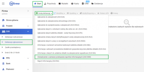 Tworzenie raportów OSW i RIA w systemie - dodawanie deklaracji