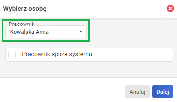 OSW i RIA w systemie - wybór pracownika podczas dodawania raportu RIA