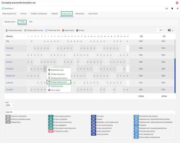 Wprowadzanie nieobecności - grafik pracownika