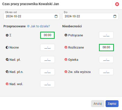 Wprowadzanie nieobecności - rozliczanie nieobecności