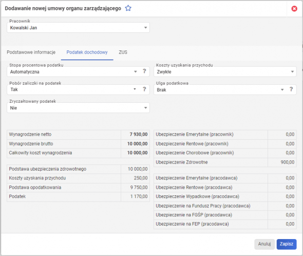 Umowa organu zarządzającego - Podatek dochodowy