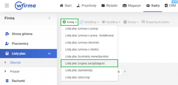 Umowa organu zarządzającego - Lista płac