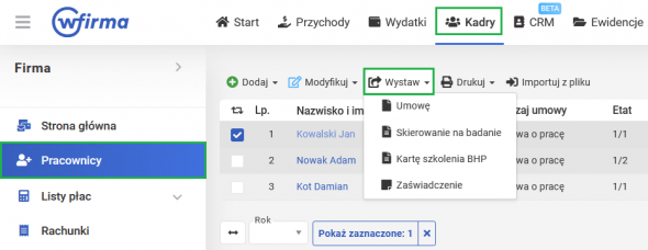 Proces zatrudnienia - wystawianie dokumentów dla pracownika