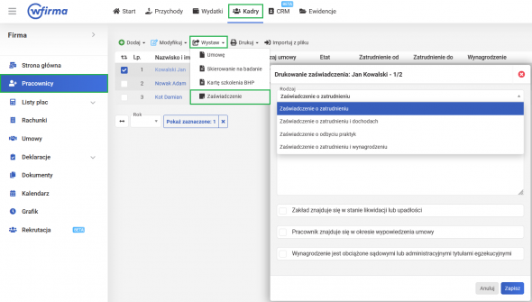 Proces zatrudnienia - zaświadczenie dla pracownika