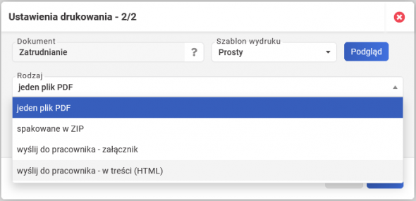 Proces zatrudnienia - ustawienia drukowania