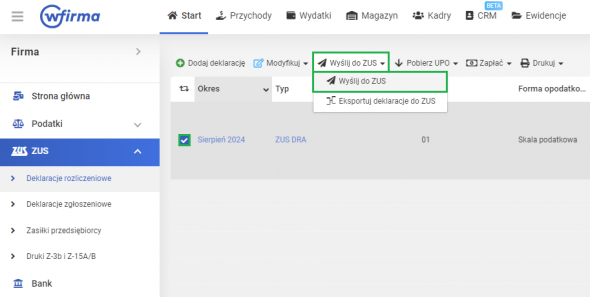Wysyłka deklaracji ZUS - Wyślij do ZUS