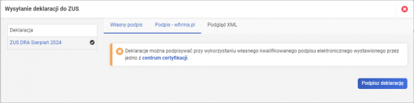 Wysyłka deklaracji ZUS - Własny podpis