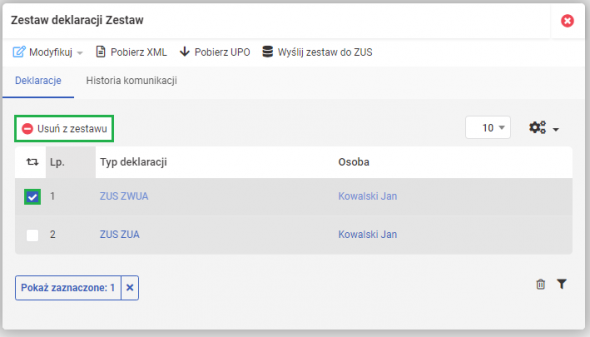 Wysyłka deklaracji ZUS - Usuwanie z zestawu