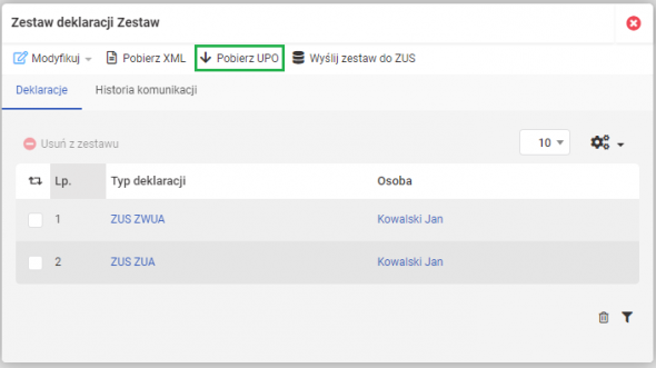 Wysyłka deklaracji ZUS - UPO zestawu