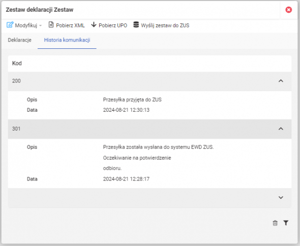 Wysyłka deklaracji ZUS - Historia komunikacji