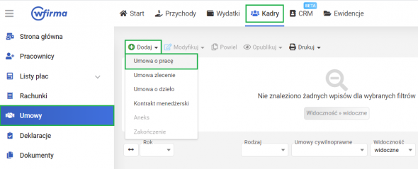 Dodawanie umowy o pracę w systemie wFirma.pl - zakładka umowy