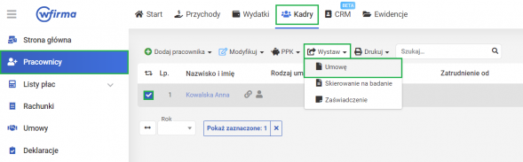 Dodawanie umowy o pracę w systemie wFirma.pl - wystawianie umowy