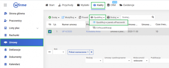 Dodawanie umowy o pracę w systemie wFirma.pl - publikacja