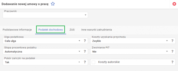 Dodawanie umowy o pracę - podatek