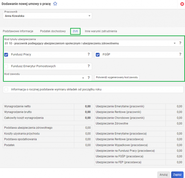 Dodawanie umowy o pracę - ZUS