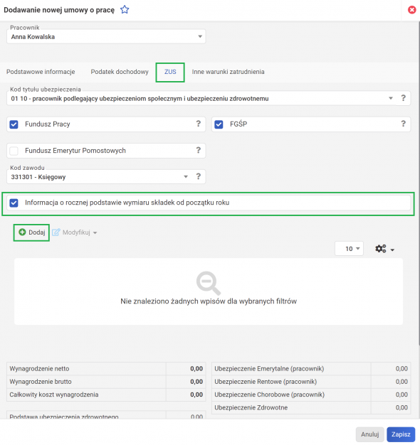 Dodawanie umowy o pracę - podstawa składek z innych tytułów