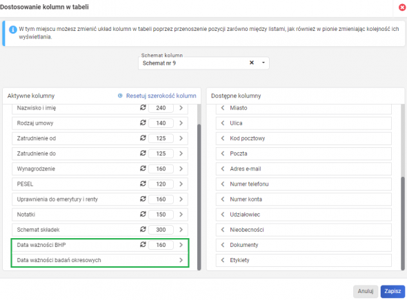 szkolenia bhp i badania lekarskie - ustawienia kolumn