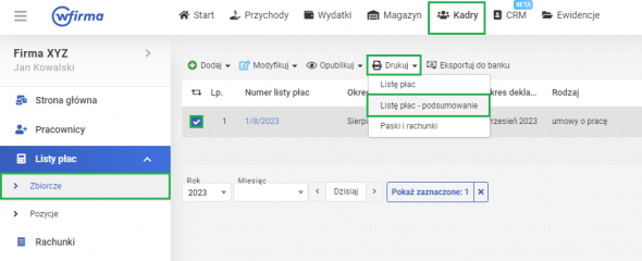 Lista płac - Podsumowanie listy płac