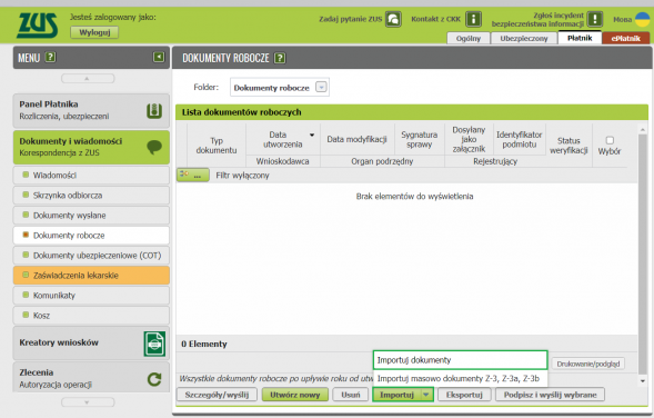 import zus pel w pue - Importuj dokumenty
