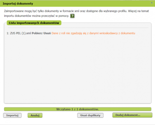 import zus pel w pue - Niezgodne dane
