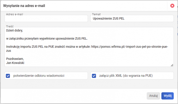 zus pel - Wysyłka maila