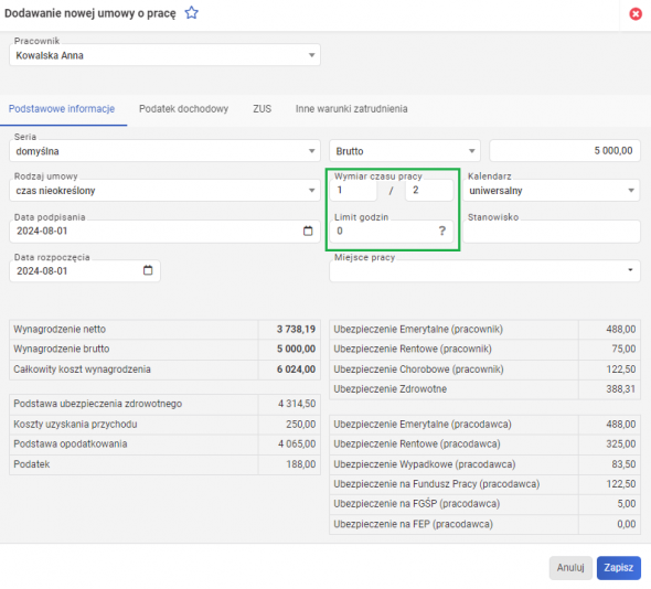 Dodawanie umowy o pracę - Wymiar czasu pracy