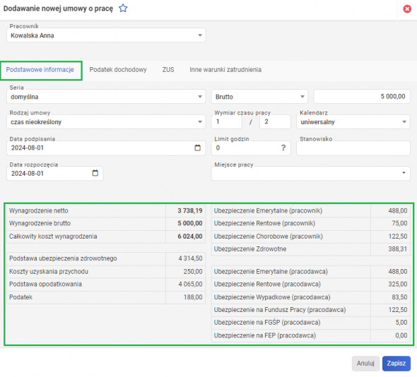 Dodawanie umowy o pracę - Podgląd wyliczeń