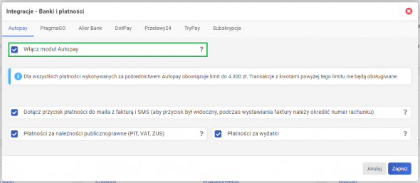 integracja z autopay - Włącz moduł Autopay