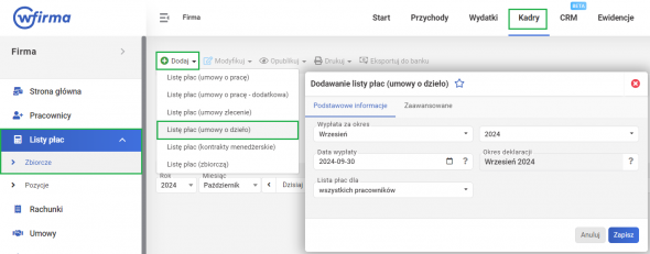 Lista wypłat dla umów cywilnoprawnych - w przypadku umów o dzieło