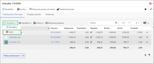 Lista wypłat dla umów cywilnoprawnych - jak usunąć listę?