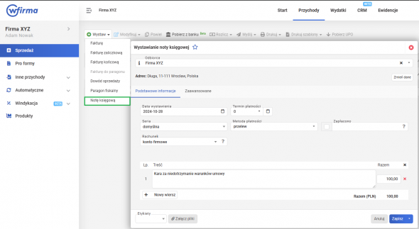 Nota księgowa w wfirma