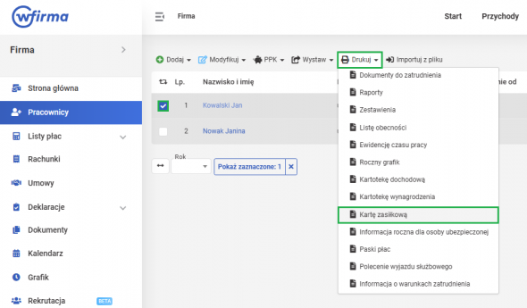 karta zasiłkowa - Lista pracowników