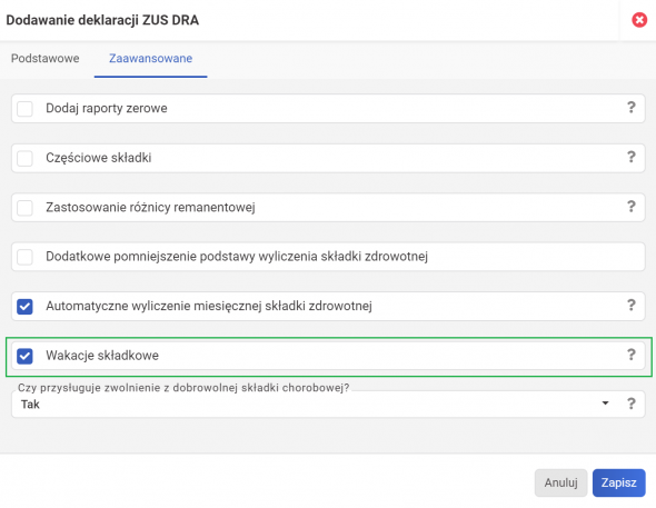 wakacje składkowe - checkbox wakacji ZUS